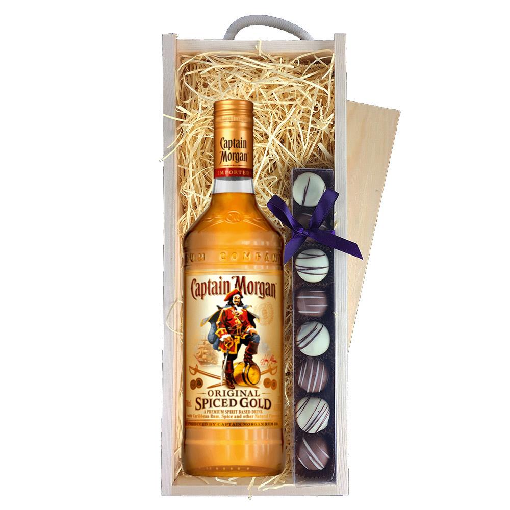 Captain Morgans Spiced Rum & Heart Truffles, Wooden Box